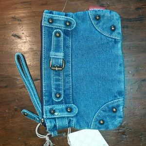 Denim Wristlet Purse Wallet Bag Distressed Fun Style Metal Accents NWT